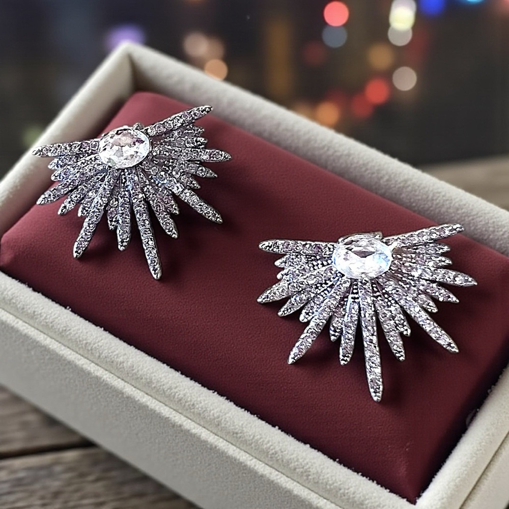 Art Deco Silver Toned Rhinestone Starburst Earrings